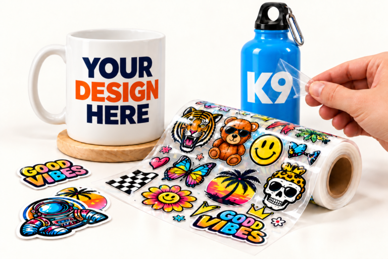 UV DTF stickers on a mug, water bottle and sticker sheet – Caligraph
