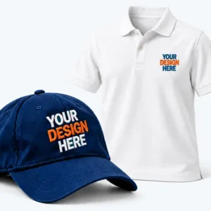 Embroidered navy cap and white polo