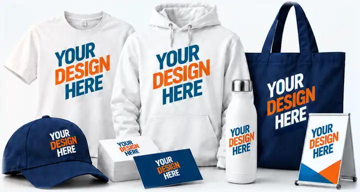 Custom printed T-shirt, hoodie, cap, tote, bottle, business cards and A-frame sign